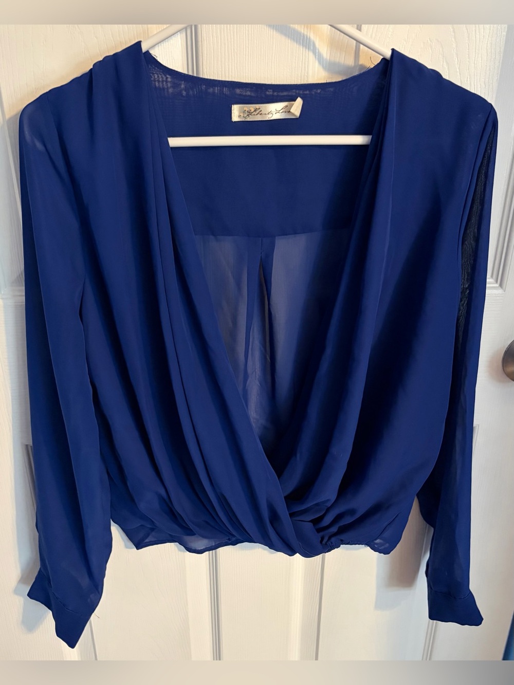 Women's Blue Long Sleeve, Deep V Semi Sheer Blouse, Women’s Size Small